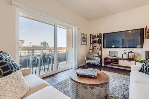 a living room with a couch and a tv and a balcony